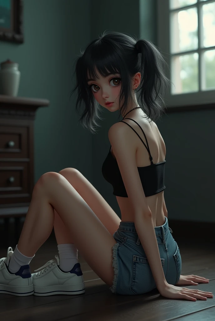 Cute 1 girl, god, Short Girl, A slim body, Revealing clothing, Cute clothes, skimpy clothes, detailed face, beautiful eyes, long eyelashes, cute expression, Minimalist interior, dark-toned interior,  photorealistic, 4K, high quality,  hairstyle two ponytai...