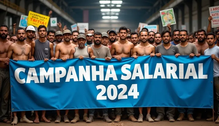 A high-definition Canon DSLR photo of a large group of Brazilian metalworkers, men and women, standing united in front of a factory. Their skin and uniforms are marked with dirt, and they hold a large blue banner with white text that reads "Campanha Salari...