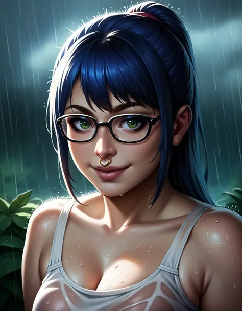 1girl, masterpiece, ((plump)), ((dark eyeliner)), best quality, realistic face, black and blue hair with bangs and ponytail, lar...