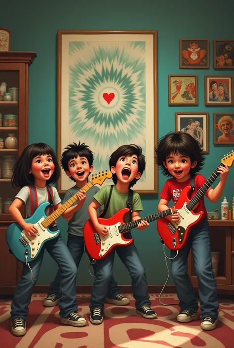 In a room Children with guitars playing at being a rock band  , and a poster called PROZAC in a room in Mexico City in the 80s 