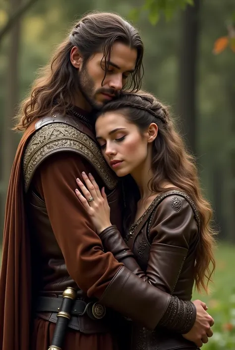 Aragorn and Arwen in Rivendell embracing , her ears have pointed tips, she has exquisite features and high cheekbones, his sword is visible at his side