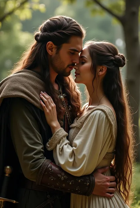 Aragorn and Arwen in Rivendell embracing , her ears have pointed tips, she has exquisite features and high cheekbones, his sword is visible at his side