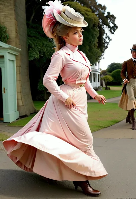 a sexy 14yo gibson girl walking down a windy street. year 1902. 1900_dr3ss. pink high-collar long sleeve shirtwaist, ornate pict...