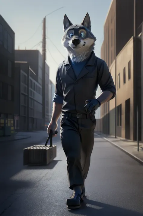 Cute cartoon (Gary (Zootopia)) wear, Blue eyes,(shirt,Long trousers, sandals with heels)Drir-15 ( robotic eye in front), Empty expression, blank stare, One, wolf, White fur, break, dark industrial background of factory (difficult, high detail, film photogr...