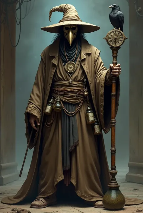 A wizard of average height who wears an old, worn overcoat with a worn, pointy hat and a mask with a pointy nose that curves downward to hide his face., he wears a necklace with a clock pendant and has a bird sitting on the staff he carries, your waist has...