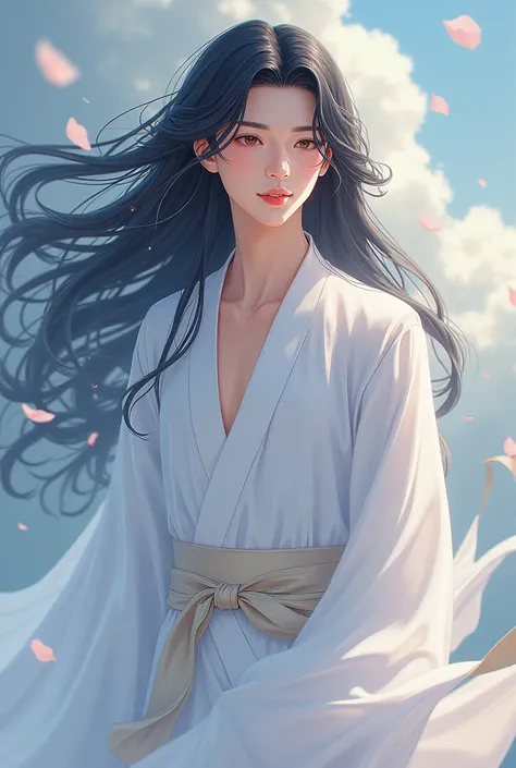 prince Xie Lian from Heavens Official Blessing with his long black hair and white silk ropes smiling (chinese anime style)