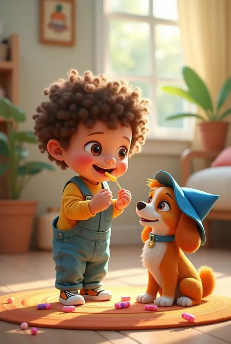 A  child eating candy and playing with a Juliet dog wearing a blue hat 
