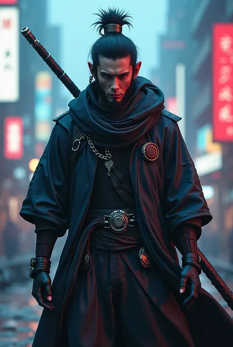 Wukong、孫Wukong、cool、人間のcoolな表情を併せ持つWukong、cyberpunk style, hood, neon lights, high-tech clothing, Ruyi stick、Sengoku Warlord Fashion、battlefield scene、Serious expression、 Inspired by Wukong、4K Graphics、