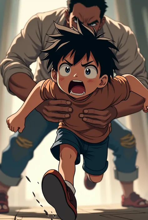 a boy running at full speed, with a panicked expression on his face. his eyes are wide open, full of fear, and his mouth is slightly open as if he is screaming or gasping. His posture reflects desperation, with arms extended forward, looking to escape. How...