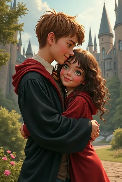 Please make a curly haired girl with green eyes, brunette with a Hogwarts robe next to a boy taller than her who had light brown hair with dark brown eyes, with Jan in Hogwarts robes hugging 