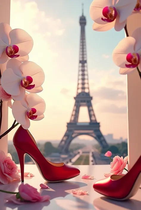 Create a picture with the Eiffel Tower with white orchid flowers in front and red heels in the corner 