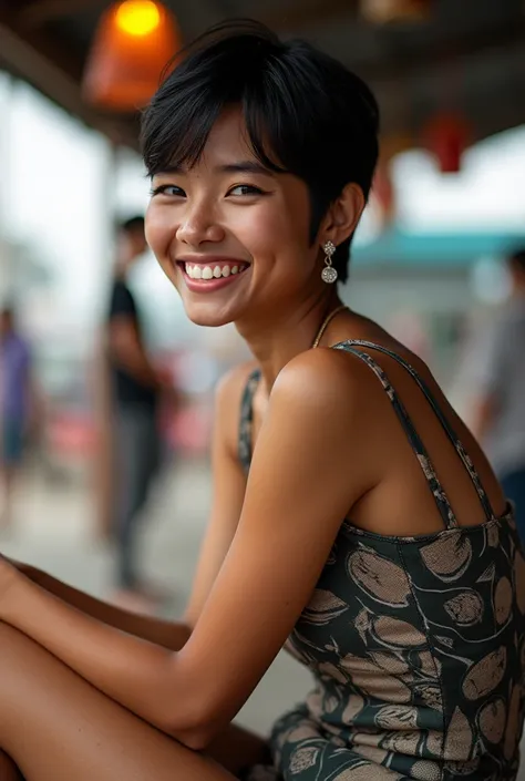  Jagalchi Fish Ma amateur solo portrait photo, realistic, (( girl)), (((short black hair))), (((smile512))), big smile, silver earrings, (((short tight dress with abstract motif))) (((sitting back))), ((Photo of vibrant energy