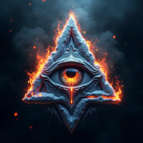 logo design, small text logo "ALTAR" above the all seeing eye, inside triangle, fire and ice as complex background, 3D, extreme detail, ultra-realism, masterpiece, 4k, cinematic lighting