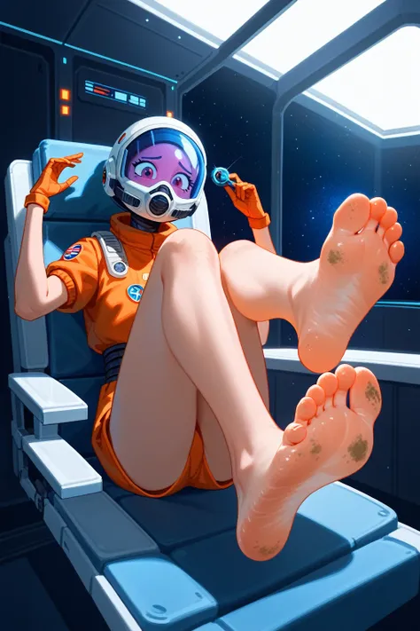 Space cadet girl, sci-fi mask, stylish Female, retro space suit, positioned facing the camera, encased inside an alien lounge chair, on an alien spaceship, nervous laugh, barefoot, dirty feet, (soles in focus), foot centric imagery, (the soles of the feet ...