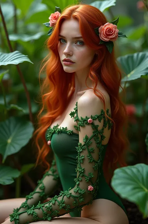 ultra realistic, photography, long red hair, girl, 2, hourglass figure, perfect body, Flirty look, extremely detailed artgerm, in the style artgerm, medium breasts, facing the camera, lens 35 mm, blur background, poison ivy cosplay, surrounded by plants, g...