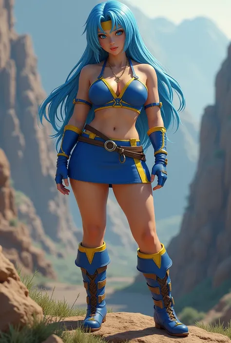 Create a live-action image of the gender-swapped version of Terry from Dragon Quest VI. The character should have long, flowing light blue hair, styled similarly to the original. The female version has a significantly larger chest, with the outfit modified...