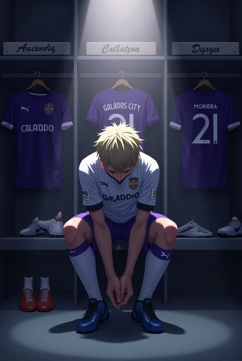 Make an image of ONE player tying his boots alone, with lights completely obscuring his face and him with short, light blonde hair, the locker room is dark and the spotlights are shining on him and the Galados City team, uniform in white and purple colors ...