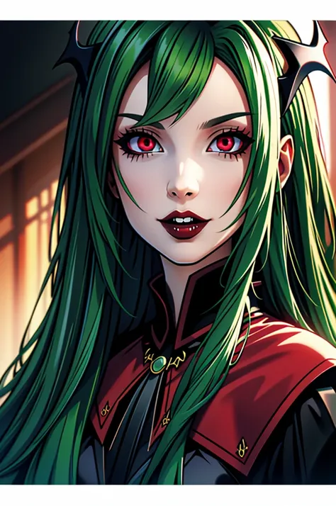 best quality, masterpiece, colorful, dynamic angle, most detailed)long green hair, goth, big red demon eyes, very long vampire f...