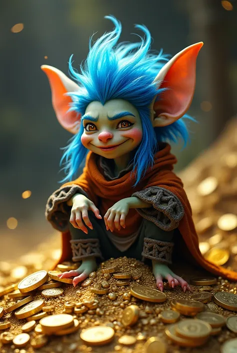 a goblin with blue hair wearing arc as flèche assis sur un tas d’or 