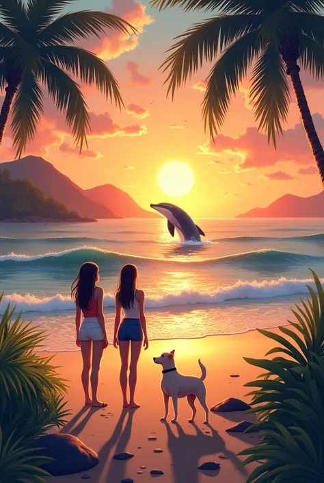 A couple of two girls watching the sunset on a beach with their dog and a whale or dolphin is jumping at a sunset on the beach in a tropical place