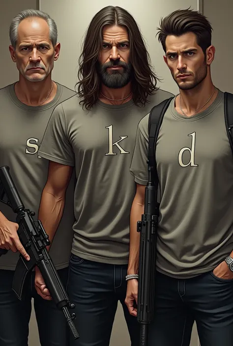 Three men, one dark-skinned and two skin-colored, with weapons and on their shirts the letter (s) the other la letra (k) y the other (D) dos hombres son de color piel blanca y the other es moreno uno con la letras (s) the other (k) y the other (D) a man wi...