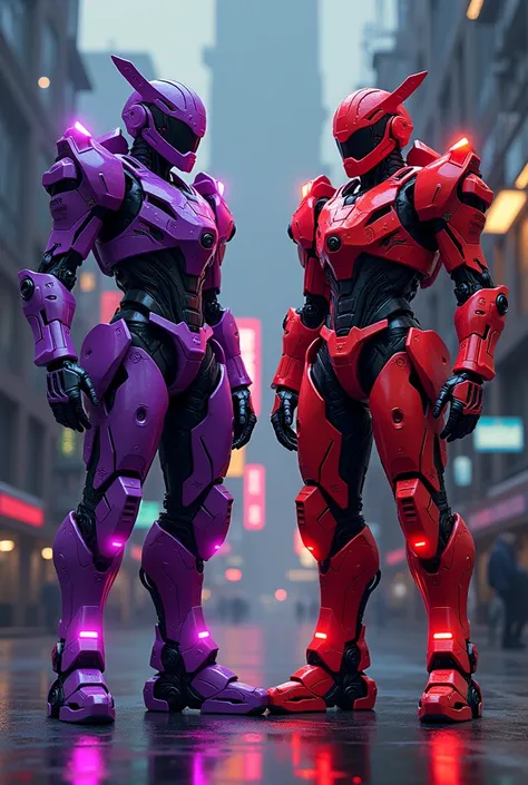 Purple neon mecha samurai and next to it red neon mecha samurai