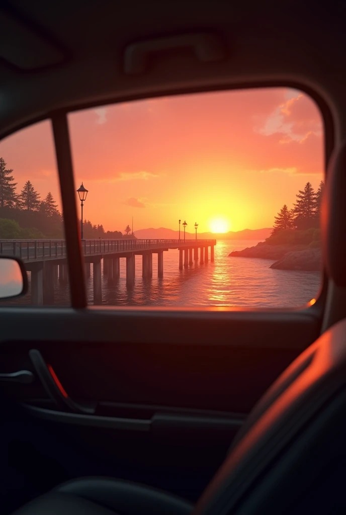 view from inside the car, in the back seat, passing by a street next to a pier with a warm-toned sunset behind it