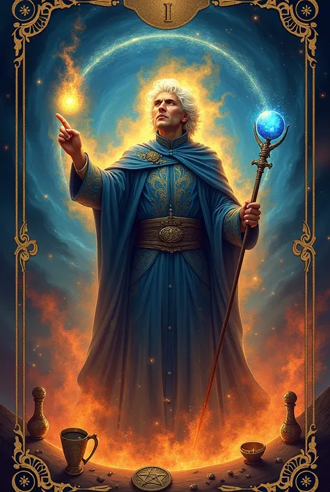 The Magician, the first card of the Major Arcana, standing confidently in the center, embodying the number I. His figure is outlined with a fiery aura, symbolizing power and the element of fire. He holds a wand in his right hand pointing towards the sky, w...