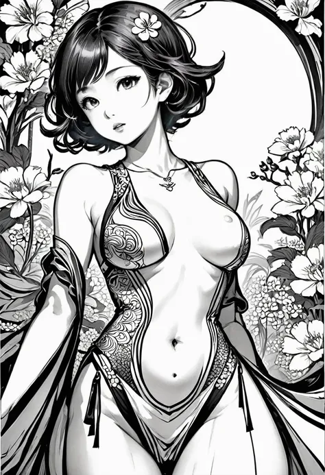 As a coloring book, white and black color, borders should be simple, clear, distinct, and thick lines, By Cartoon picture book of a beautiful Asian girl with short brown hair, A girl traditional ink body art style, (Use simple lines to outline a woman’s gr...