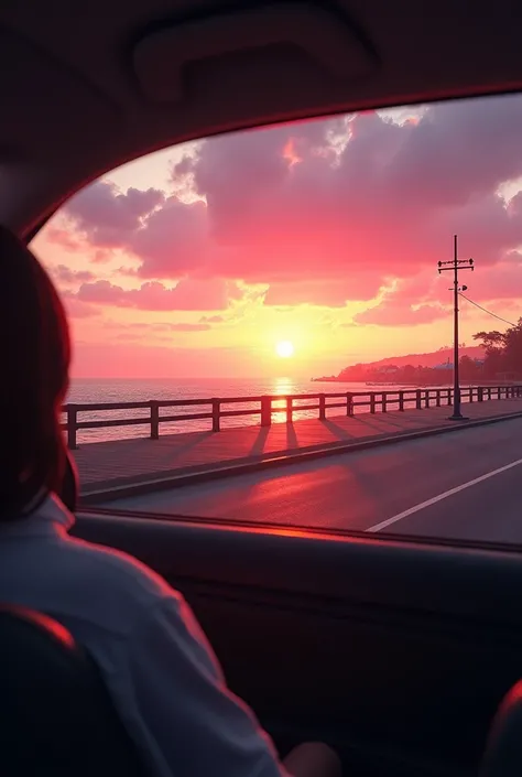 view from inside the car, in the back seat, passing by a street next to a pier with a sunset in shades of pink