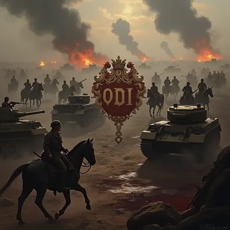 Coat of arms with the word ODI in capital letters, in the middle of a battle of the first world war, where there are tanks, horses, explosions and blood