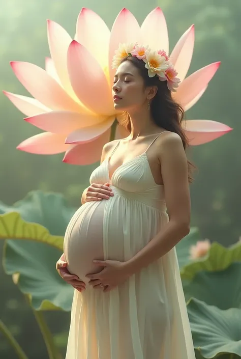 pregnant woman in a white dress standing in front of a large flower, digital art inspired by Anne Geddes, trending on cg society, digital art, maternal photography 4 k, pregnant belly, pregnant, maternity feeling, pregnancy, full body pose, lotus floral cr...