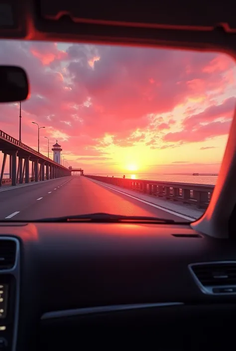 view from inside the car, in the back seat, passing by a street next to a pier with a sunset in shades of pink