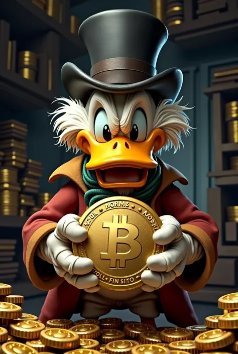 uncle scrooge holding a realistic coin