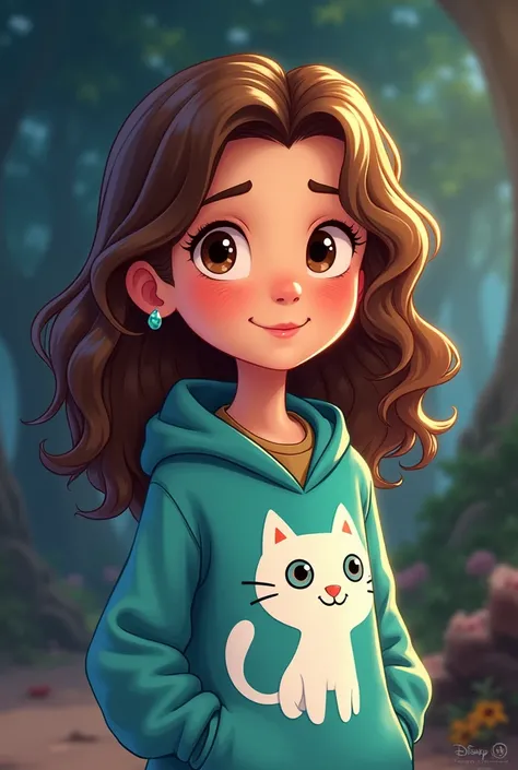 Drawing of a  girl in the cartoon style of Gravity Falls: A summer of mysteries (Disney Channel TV Series), wavy brown hair, Brown eyes, sweater with a white cat