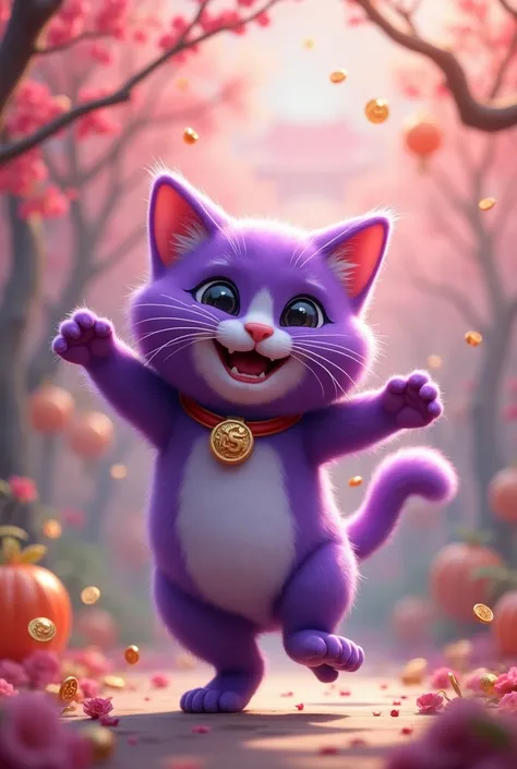 The talkative purple cat is happy and dancing. Talking will make you rich. It understands emotional communication background. Chinese style. When it opens, it will run out of money to communicate with other cats.