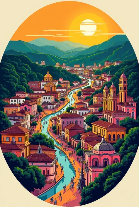 Create a drawing that represents the city of Olinda-PE and its culture with lots of colors and symbols without people. Place the city in the shape of a circle.