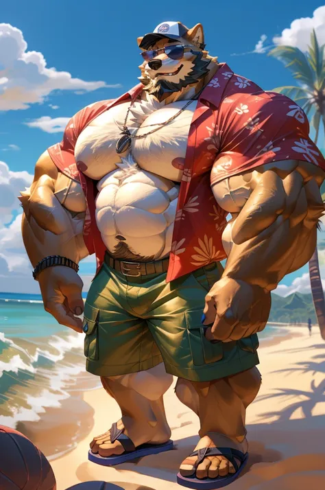 1boy, 1man, solo, a (furry Shiba Inu) standing, flexing muscle,,(face, detailed face, bearded, white beard, thick mustache), (sunglasses, sandals, baseball hat), beach, extremely huge muscular, massive muscular , sixpack , (Hawaiian shirts, cargo shorts), ...