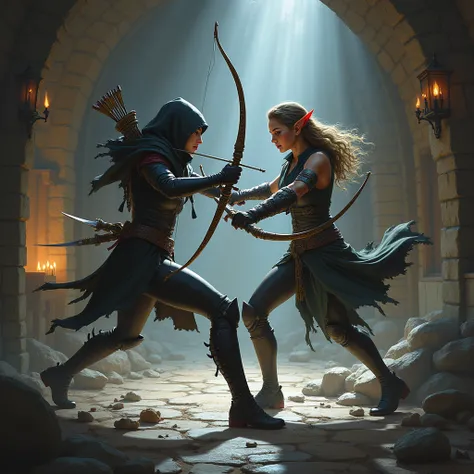 A human female assassin fighting an elven female assassin、Dungeons＆Dragons