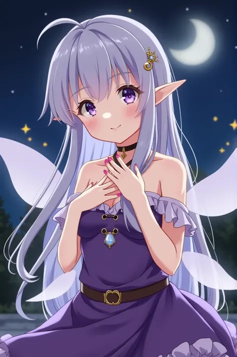 1girl, solo, breasts, looking at viewer, smile, hair ornament, dress, cleavage, bare shoulders, jewelry, medium breasts, closed mouth, purple eyes, collarbone, cowboy shot, earrings, outdoors, frills, detached sleeves, wings, sky, pointy ears, hairclip, be...