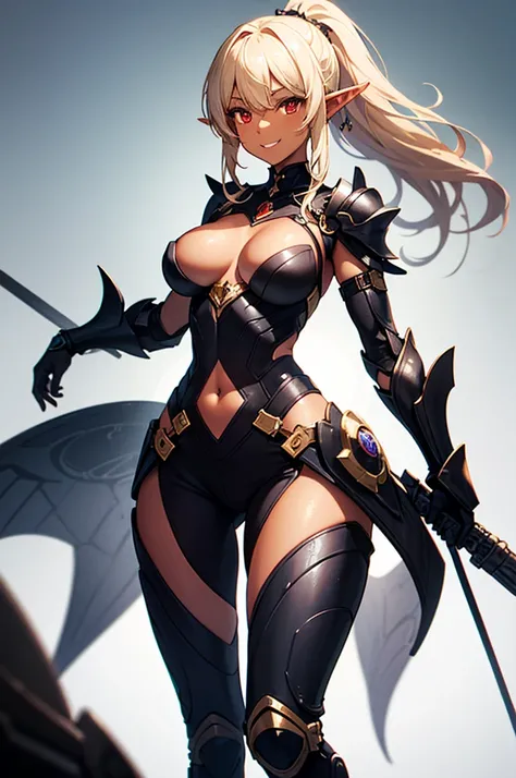 Beautiful images,Detailed Images,Official image,(Background of the base),One Woman,Blonde,Red Eyes,Ponytail Hair,Model body type,(Dark Skin:1.3),Elf Ears,Large Breasts,(Bioarmor:1.3),Smile small,