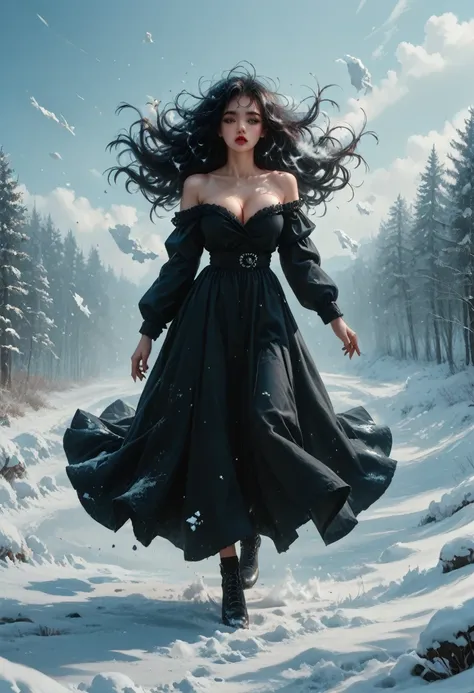 gothic teenager with big breasts with little clothing, in the snow, strong wind, loose hair, full body, beautiful, striking, attractive, well detailed, painted nails, spectacular image