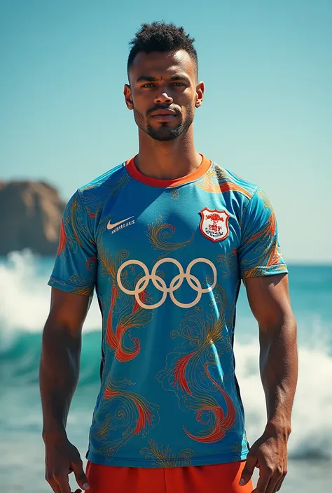 Create a surf-themed football shirt with an Olympic logo