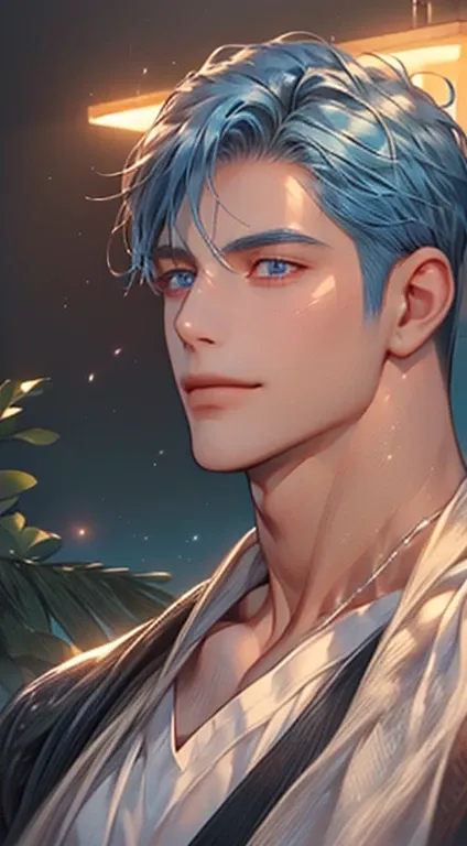 (best quality,4k,8k,highres,masterpiece:1.2),ultra-detailed,(realistic,photorealistic,photo-realistic:1.37),1 man,3,mature man,very handsome,without expression,smile,short blue hair,blue eyes,penetrating gaze,perfect face without errors,imposing posture,bu...