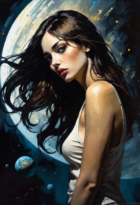 very long straight dark brown hair, small breasts, miniskirt, tank top, in space, stars, magic, planets,  (best quality, 4k, 8k, high resolution, masterpiece: 1.2)eroticism, sexy, black and white image, between shadows, oil painting, chiaroscuro, sensual, ...