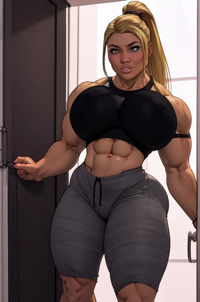 Best_QualityPos, RAW photo, intricate details, best quality, 8k uhd, bright lighting, 1girl, solo, beefy blonde personal bodyguard, (looking with reverence), ponytail hairstyle, Dunja Bitar, in a tight tactical wear, in front of home door, bulky muscular f...