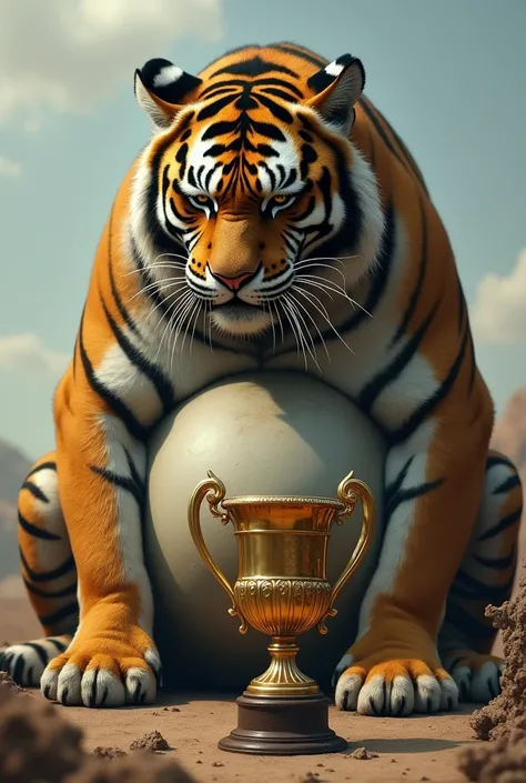 I want you to show me a fat tiger , obese , crying while looking at a trophy 