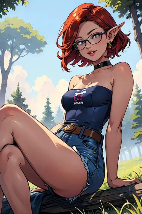 1girl, beautiful elf woman, ((Short Red Hair, Straight, has shine)) Blue eyes, double eyelids, light effect on eyes, detailed irises, beautiful curvy body, glasses, ((Blue Denim Sleeveless Strapless tight tee shirt covering chest)), black choker, ((tiny bl...