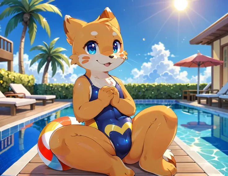 masterpiece, Highest quality, Highest quality, Ultra-high resolution, Detailed Background(Very beautiful face and eyes,) At the poolside of a Southern resort hotel. Under the strong midday sun of midsummer, a Buizel wearing a navy blue swimsuit stands. The...