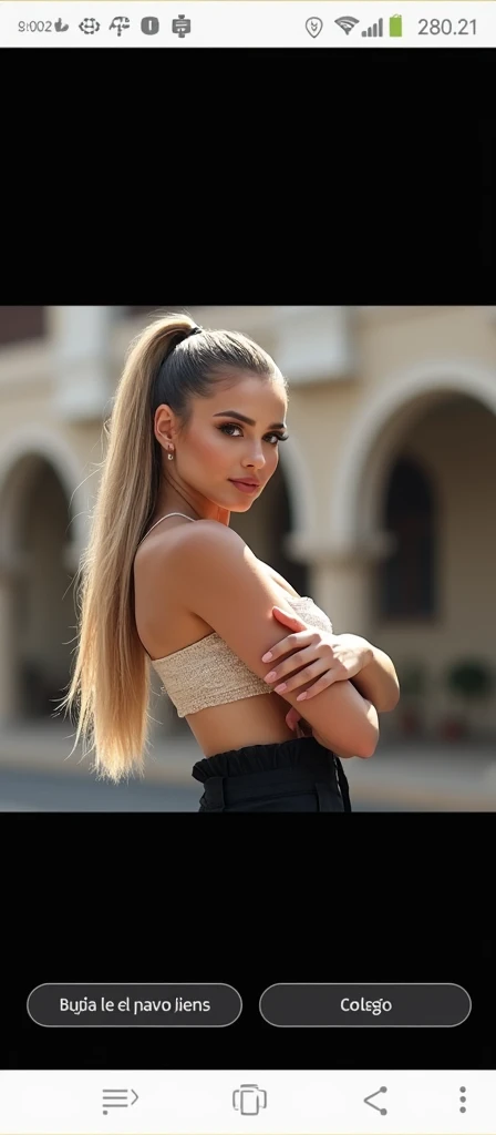 A very realistic and detailed photo of beautiful spanish woman,tight black skirt, perfect makeup, long straight ponytail, sleek blonde hair, high quality photo 4k, very detailed, perfect fit, looking at the camera, detailed realistic face, detailed brown e...